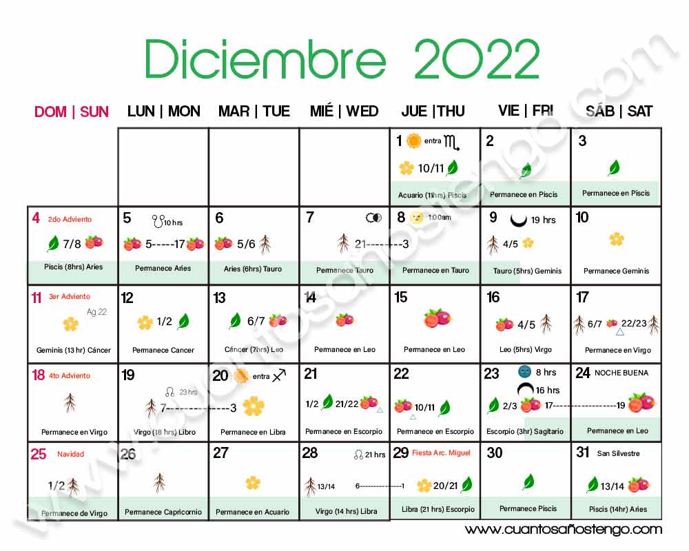 Calendario biodinamico diciembre 2022