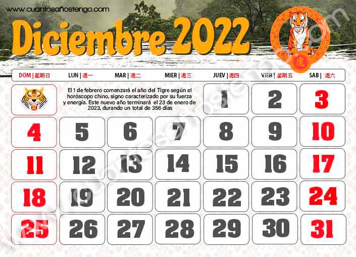 Calendario chino diciembre 2022
