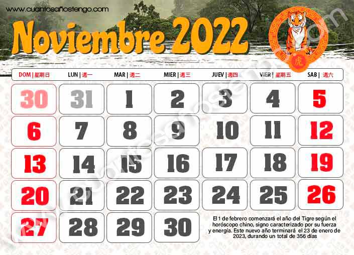 Calendario chino noviembre 2022