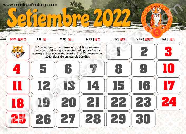 Calendario chino septiembre 2022