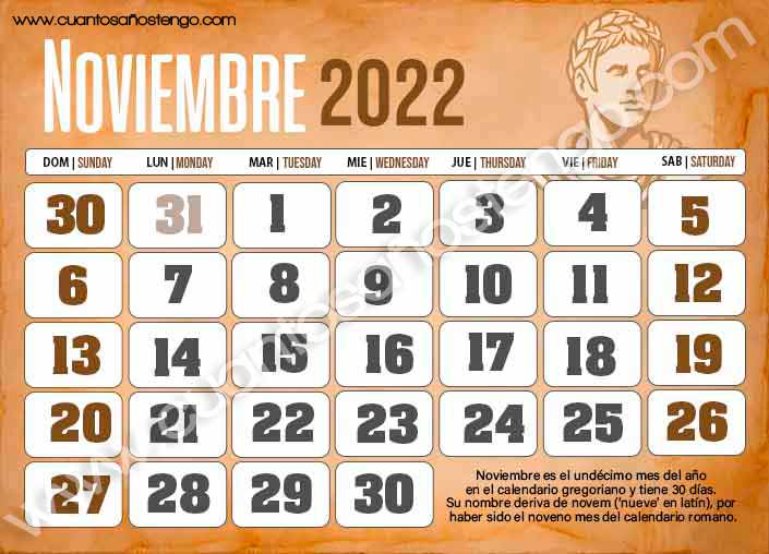 Calendario gregoriano noviembre 2022
