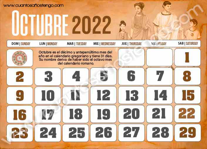Calendario gregoriano octubre 2022